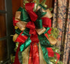The Sophia Red Green & Gold Christmas Tree Topper Bow, Bow topper for christmas tree, Xmas bow, ribbon tree topper, tree trimming bow