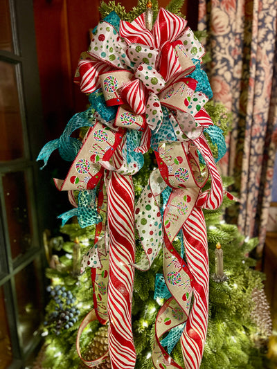 The Hayley Red White & Blue Whimsical Christmas Tree Topper Bow, Christmas bow for wreaths, polka dot bow, multicolor tree topper bow