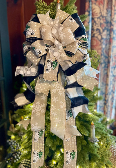 The Brandy White & Black Christmas Tree Topper Bow, ribbon tree topper, XL topper for christmas tree, modern farmhouse bow