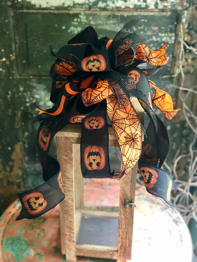 The Minerva Black & Orange Halloween Spiderweb Bow