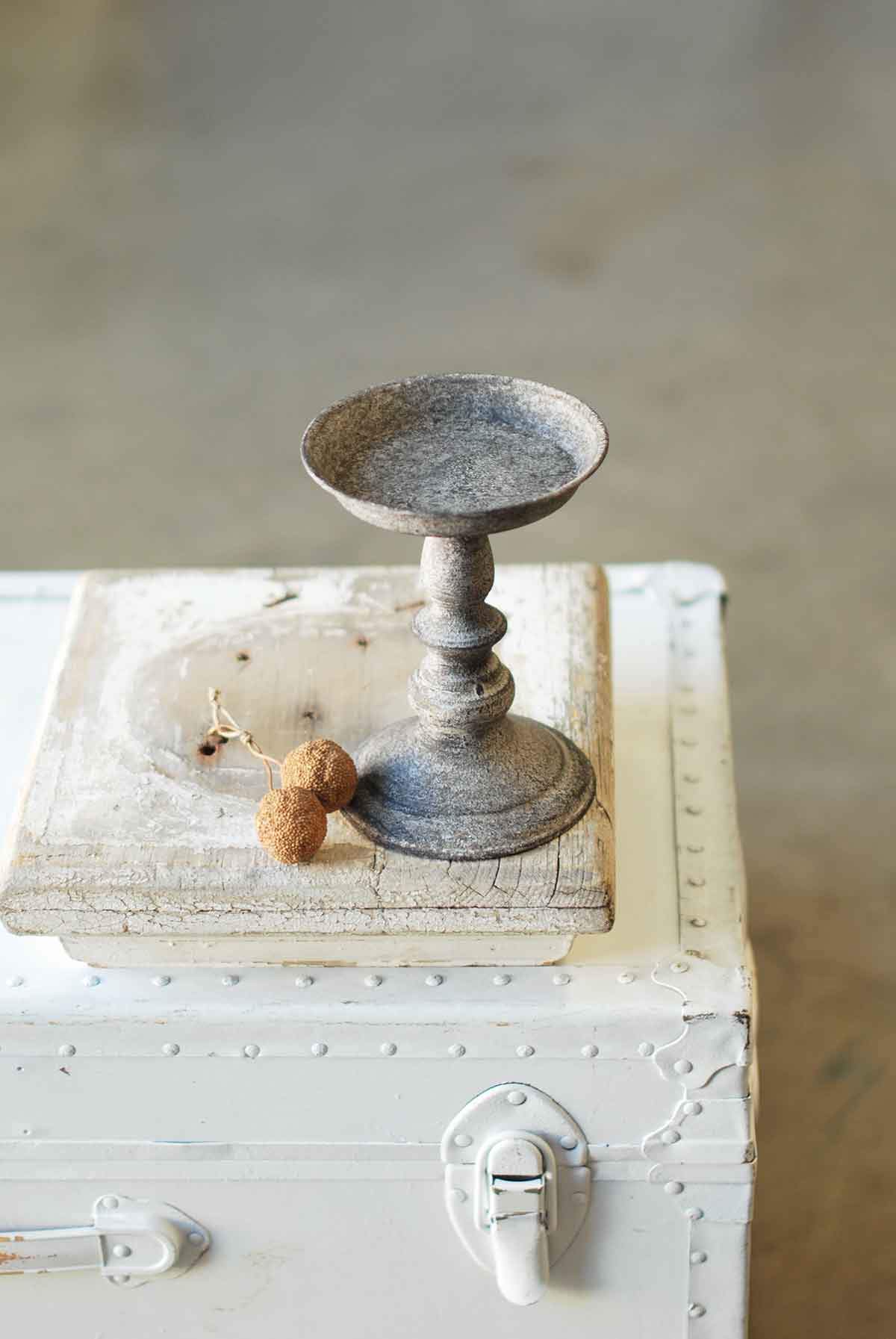 7" Pillar Candle Stand Vintage Style Aged Metal